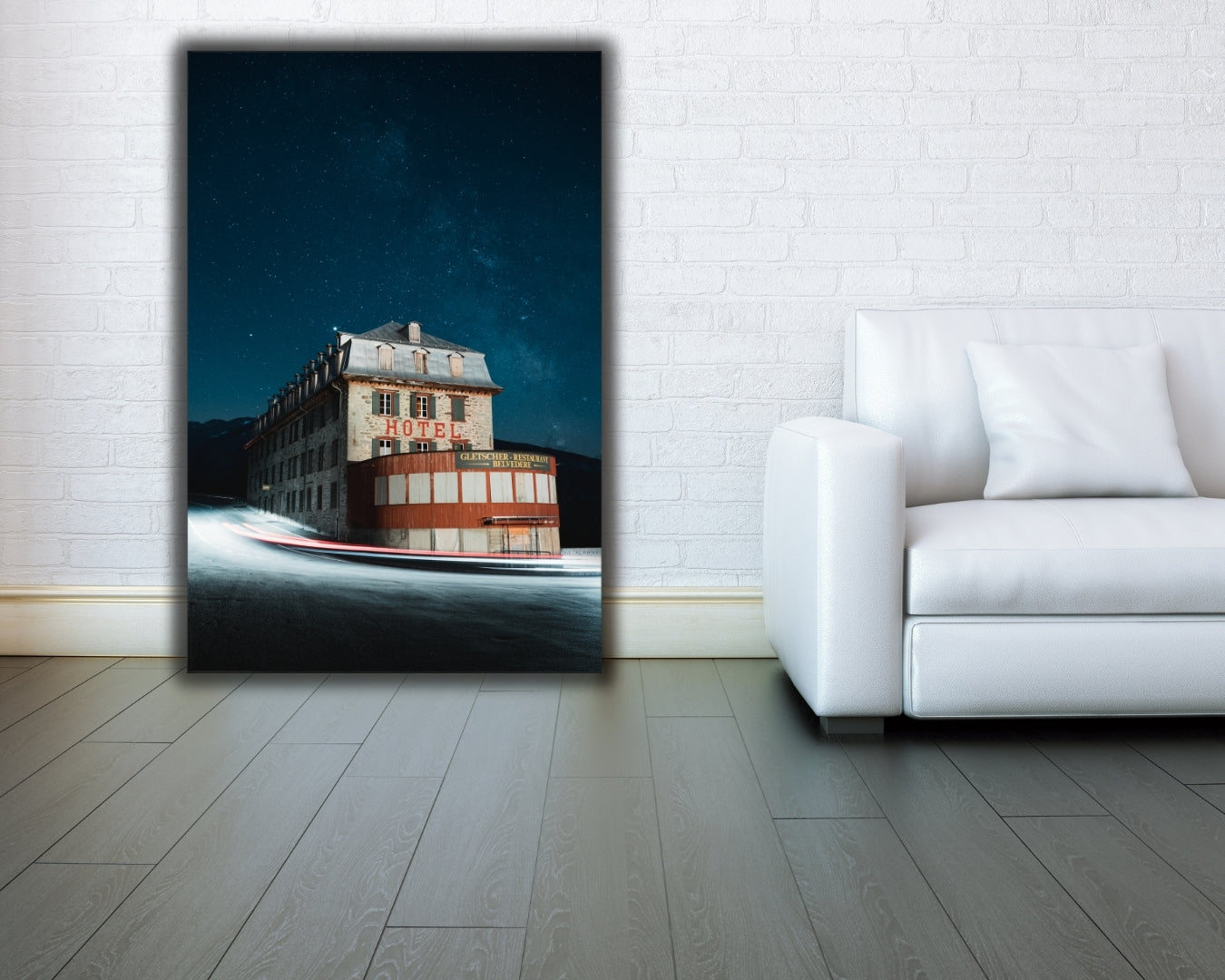 Hotel Belvédère Furka Pass limited edition archival aluminium print displayed leaning against wall in modern interior