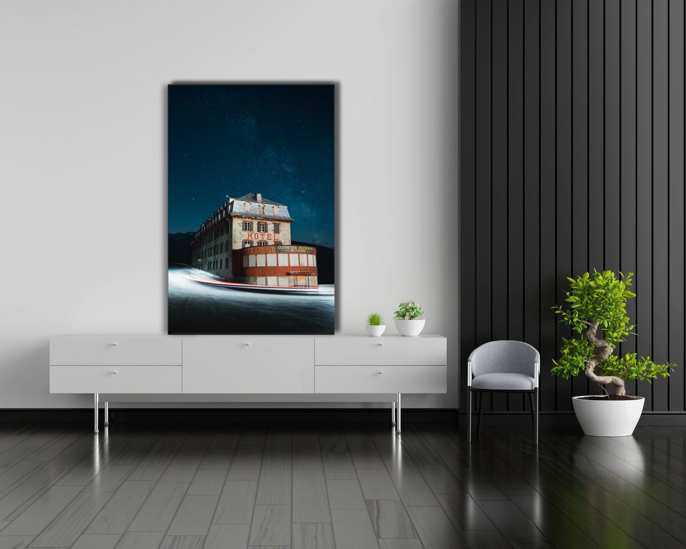 Hotel Belvédère Furka Pass limited edition archival aluminium print displayed leaning against wall in modern interior