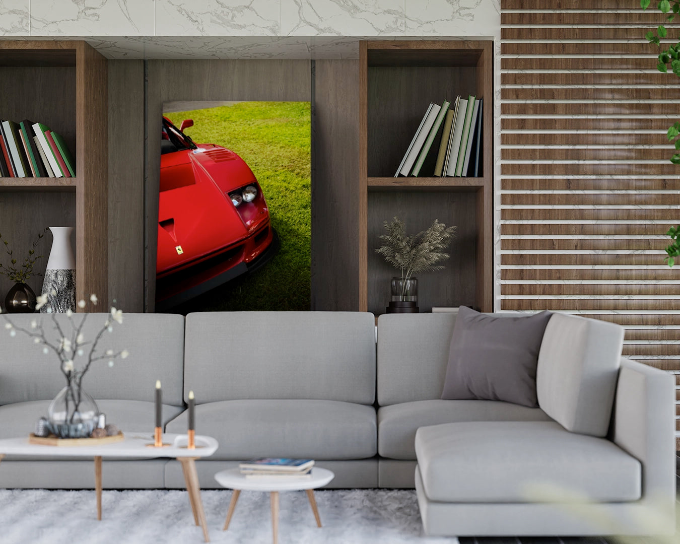 Ferrari F40 LM Michelotto limited edition archival aluminium print displayed leaning against wall in modern interior