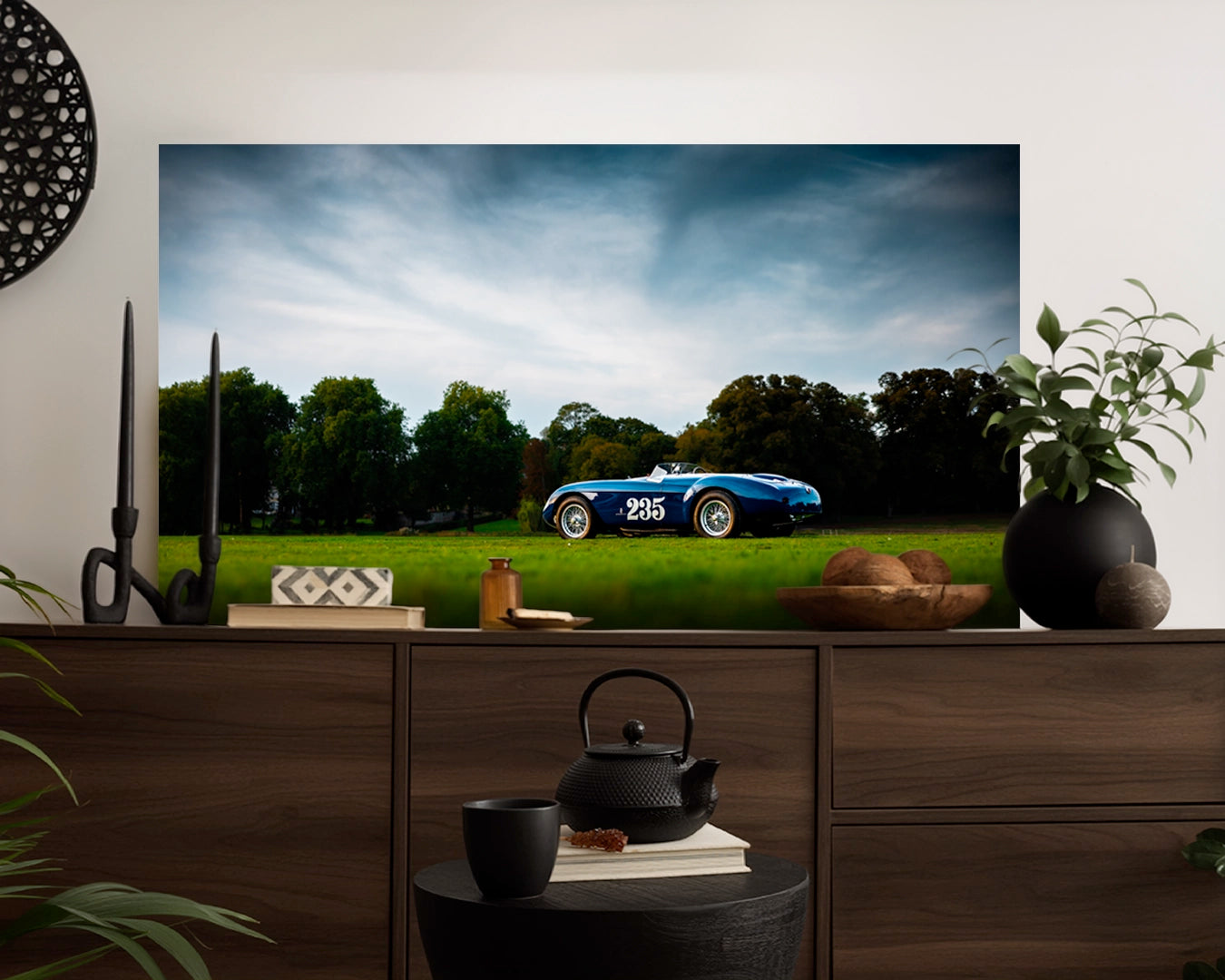 Ferrari 500 Mondial Rubirosa car limited edition archival aluminium print displayed leaning against wall in modern interior