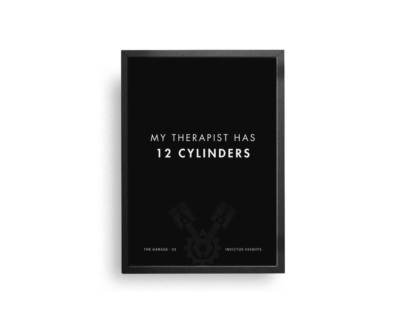 My Therapist Has 12 Cylinders automotive quote print black background V12 engine illustration by Invictus Heights.